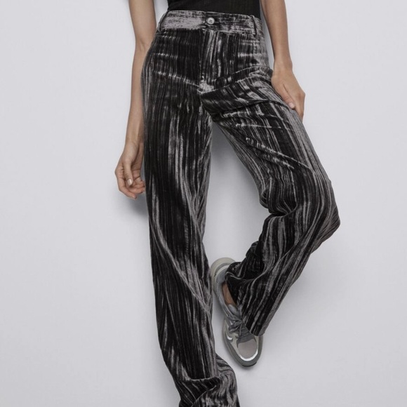 Zara Grey Crushed Velvet High-Waisted Straight Leg Trousers - Picture 2 of 14